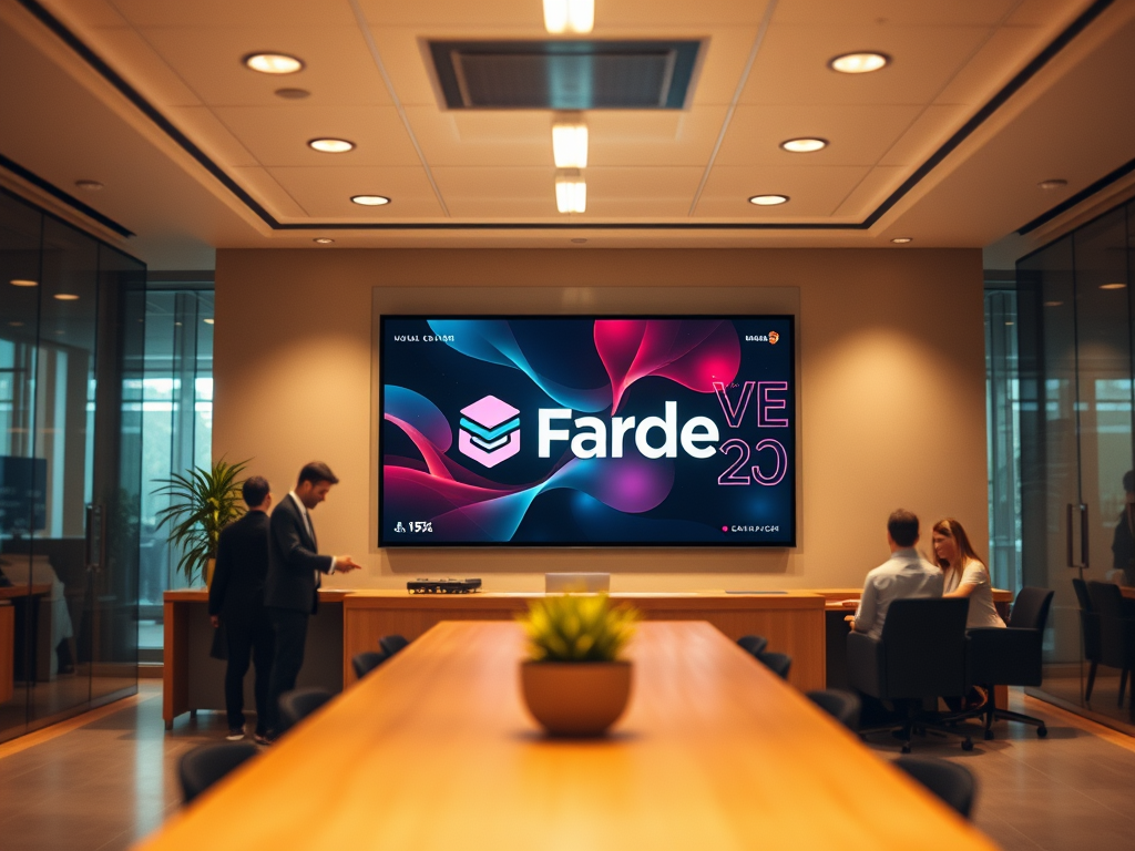 Una pantalla de cartelería digital moderna en una oficina corporativa, mostrando un diseño visual atractivo con colores de marca, logotipos, y mensajes clave. La pantalla está colocada en una recepción con empleados y visitantes alrededor.